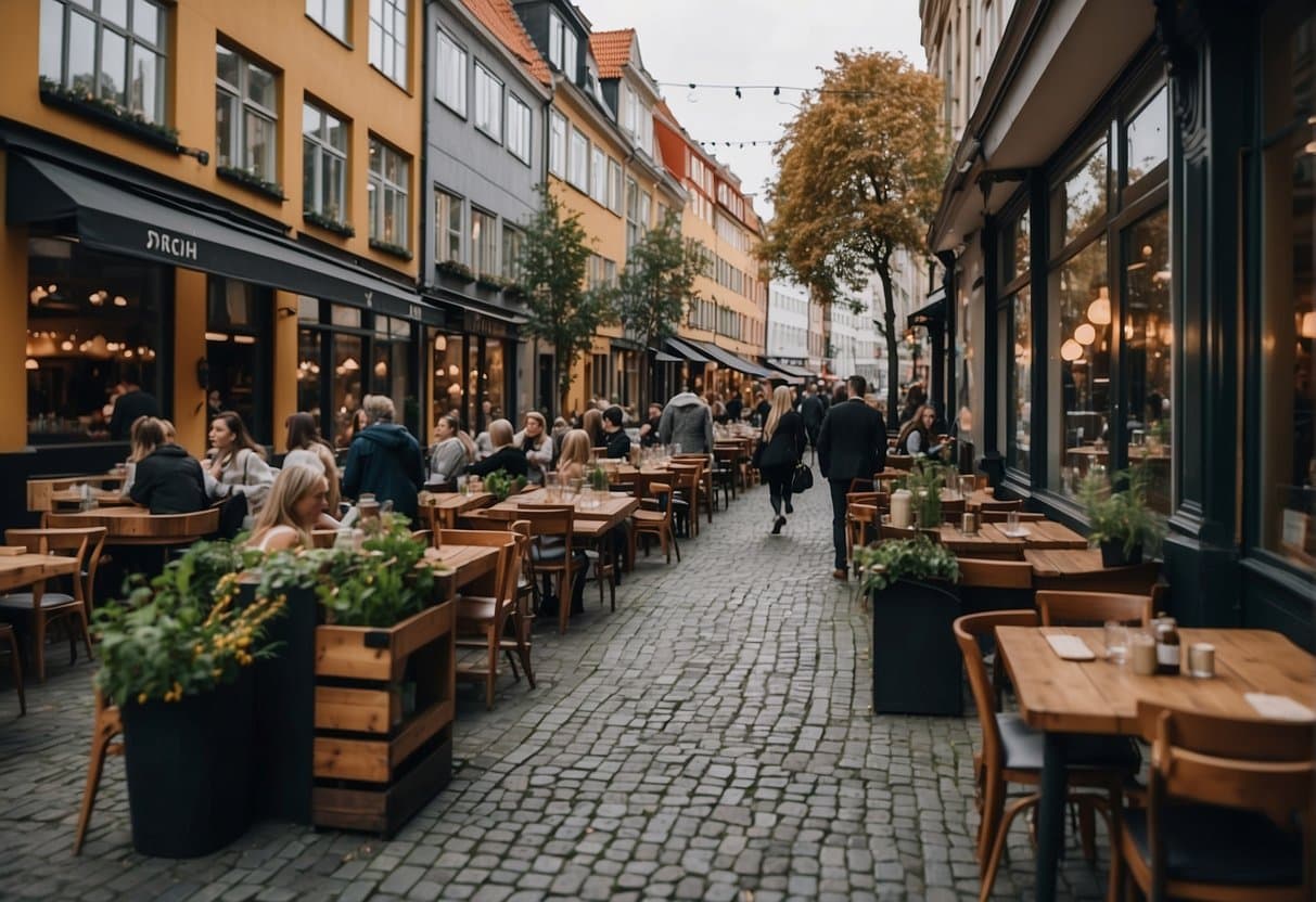 A bustling street lined with charming mid-range restaurants in Copenhagen's vibrant district, offering unique dining experiences