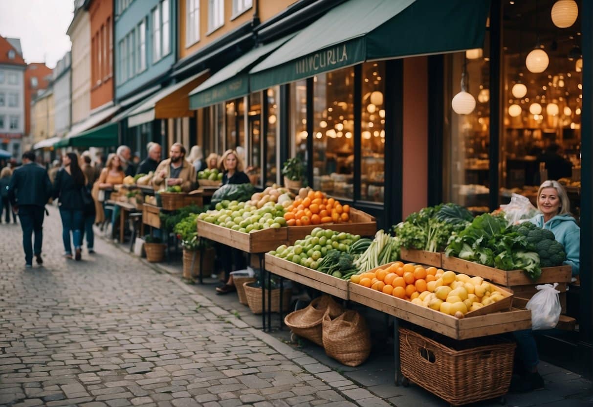 A bustling street in Copenhagen, lined with colorful storefronts and outdoor cafes. People carrying bags of fresh produce and chatting outside the city's best mid-range restaurants