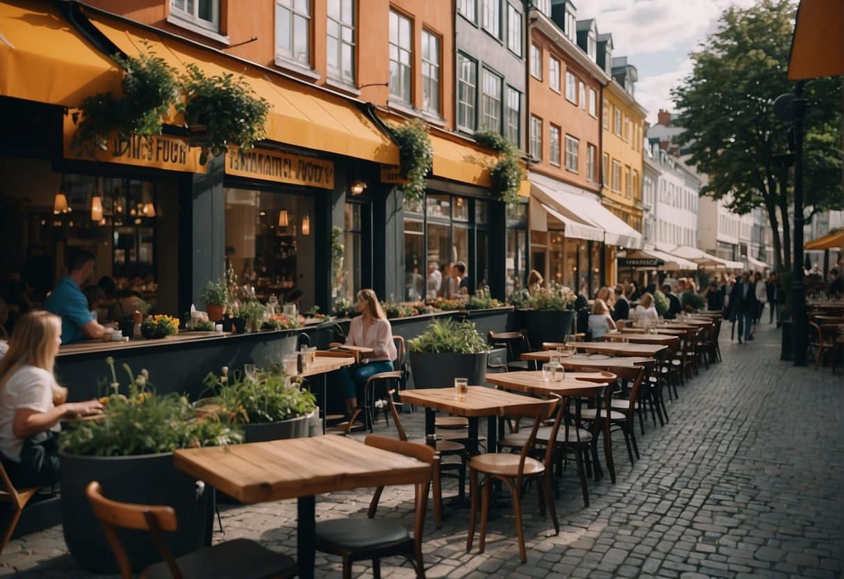 A bustling street in Copenhagen with colorful signage and outdoor seating at recommended mid-range restaurants