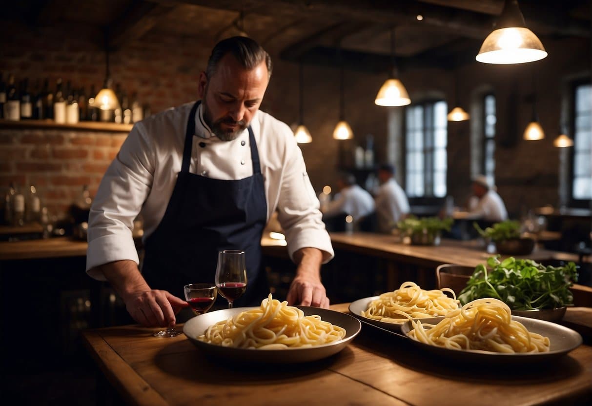 A cozy Italian restaurant in Copenhagen with dim lighting, rustic wooden tables, and shelves lined with wine bottles. A chef in the open kitchen prepares fresh pasta dishes while diners enjoy the warm ambiance