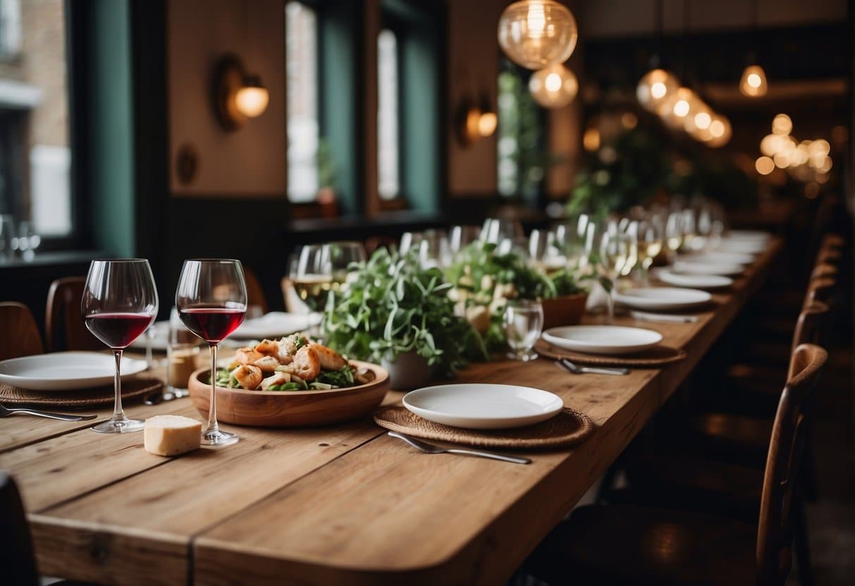 A cozy Italian restaurant in Copenhagen, with wine bottles lining the walls and a spread of delicious food on rustic wooden tables