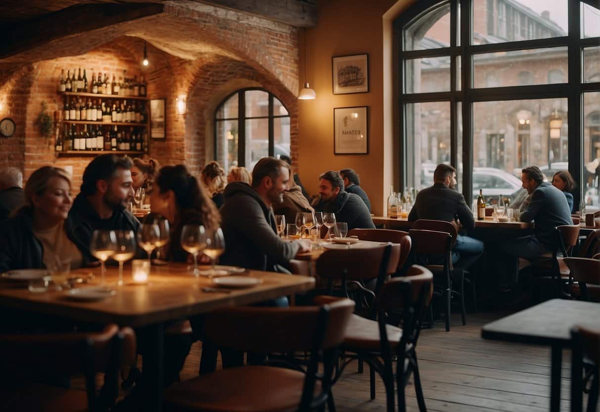 A bustling Italian restaurant in Copenhagen, with diners enjoying authentic dishes and a cozy atmosphere. Wine bottles line the walls, and the aroma of fresh pasta fills the air