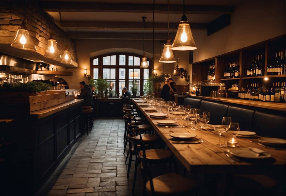 A cozy Italian restaurant in Copenhagen, with dim lighting, rustic wooden tables, and shelves filled with wine bottles. A chef can be seen cooking in the open kitchen, while patrons enjoy their meals