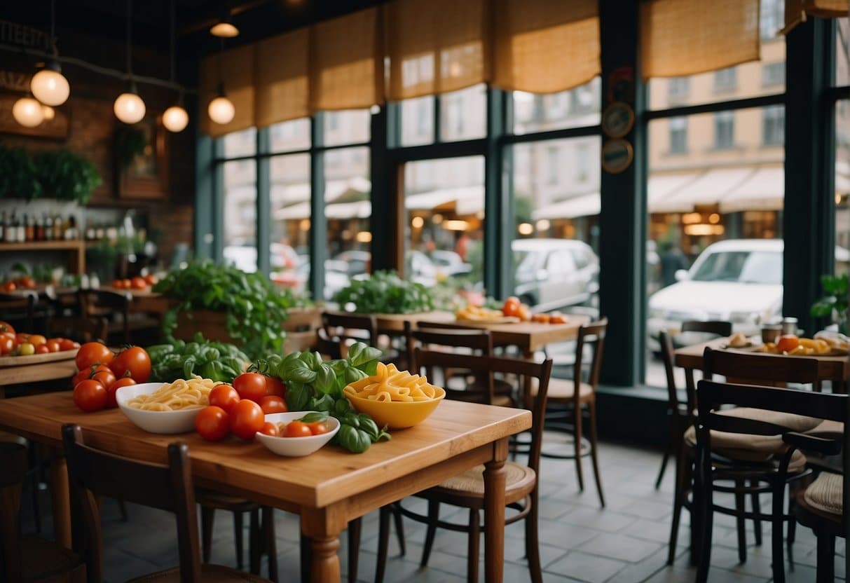 A table with fresh ingredients like tomatoes, basil, olive oil, and pasta, surrounded by Italian restaurant signs in Copenhagen