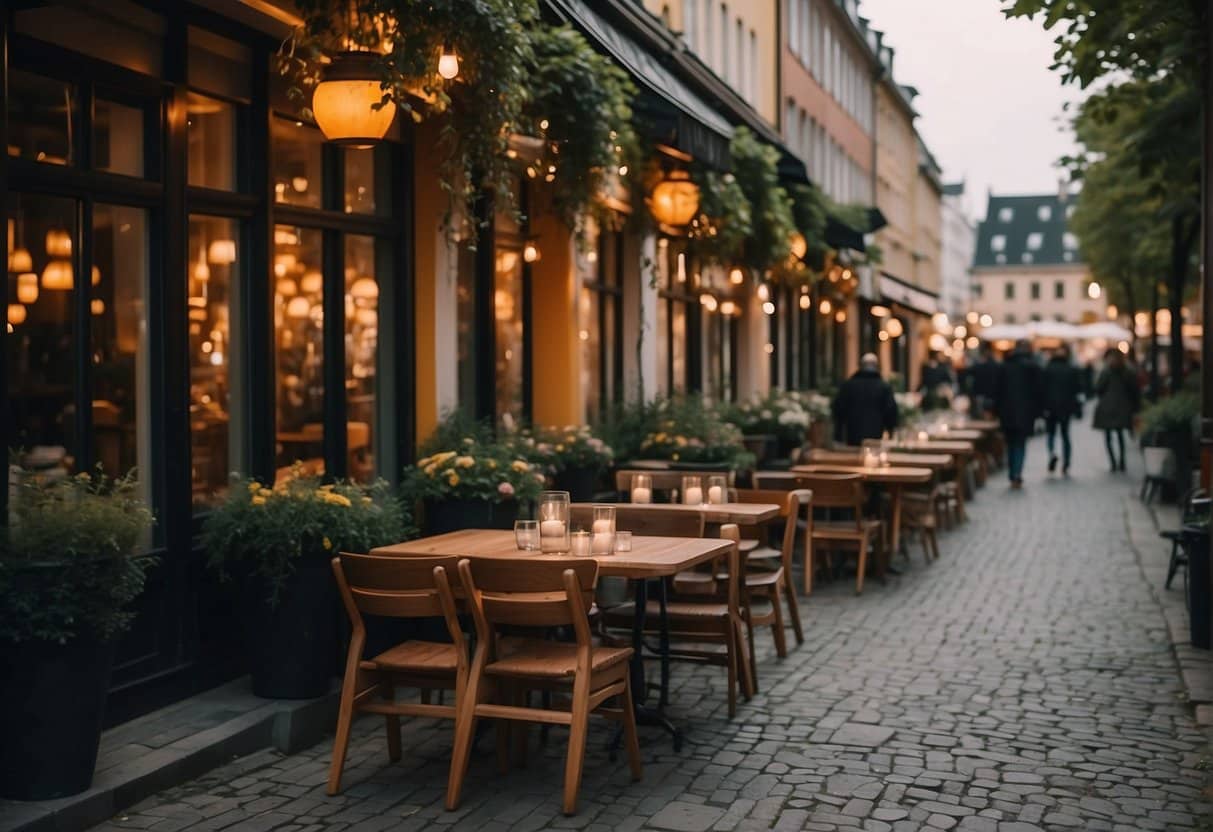 A cozy street in Copenhagen with charming Italian restaurants and outdoor seating. Warm lighting and bustling atmosphere create a lively and inviting scene