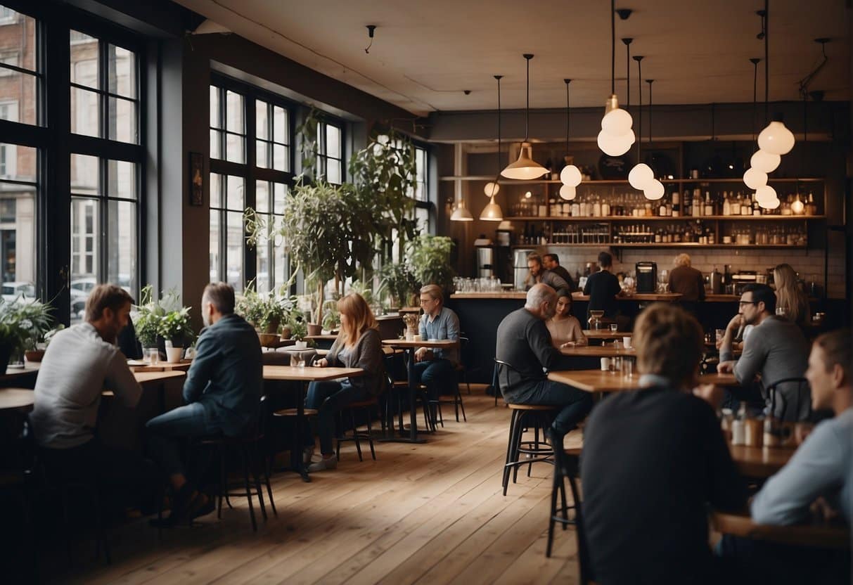 Bustling scene at Copenhagen's top cafes. Tables filled with patrons, baristas serving drinks, and a cozy atmosphere