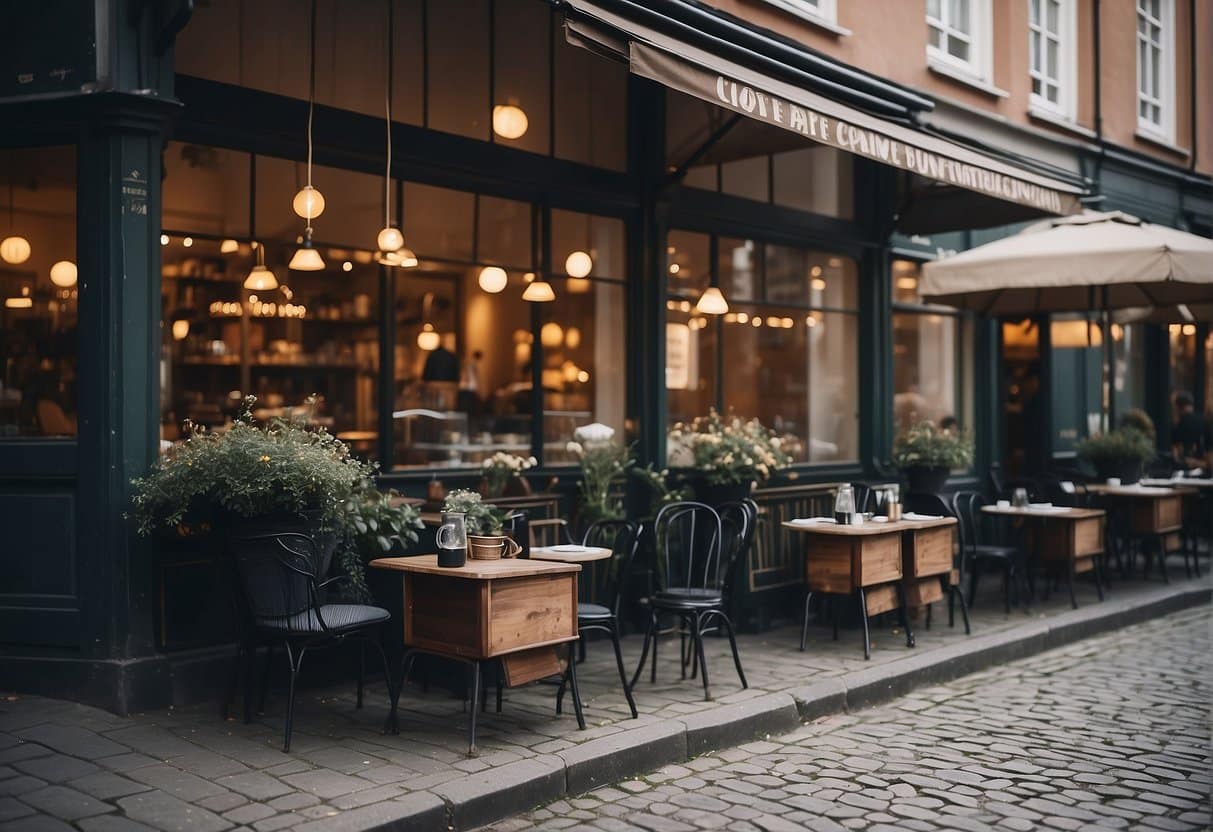 A cozy café in Copenhagen with steaming cups of coffee, vintage decor, and bustling atmosphere