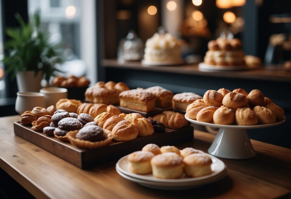 A selection of pastries and sweet treats on display in a cozy Copenhagen café