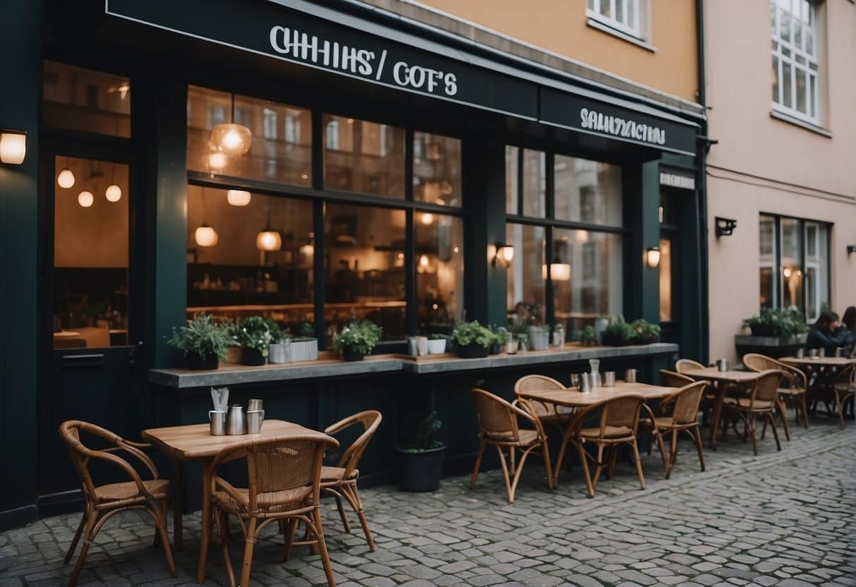 A cozy Copenhagen café with steaming coffee cups and stylish Scandinavian design