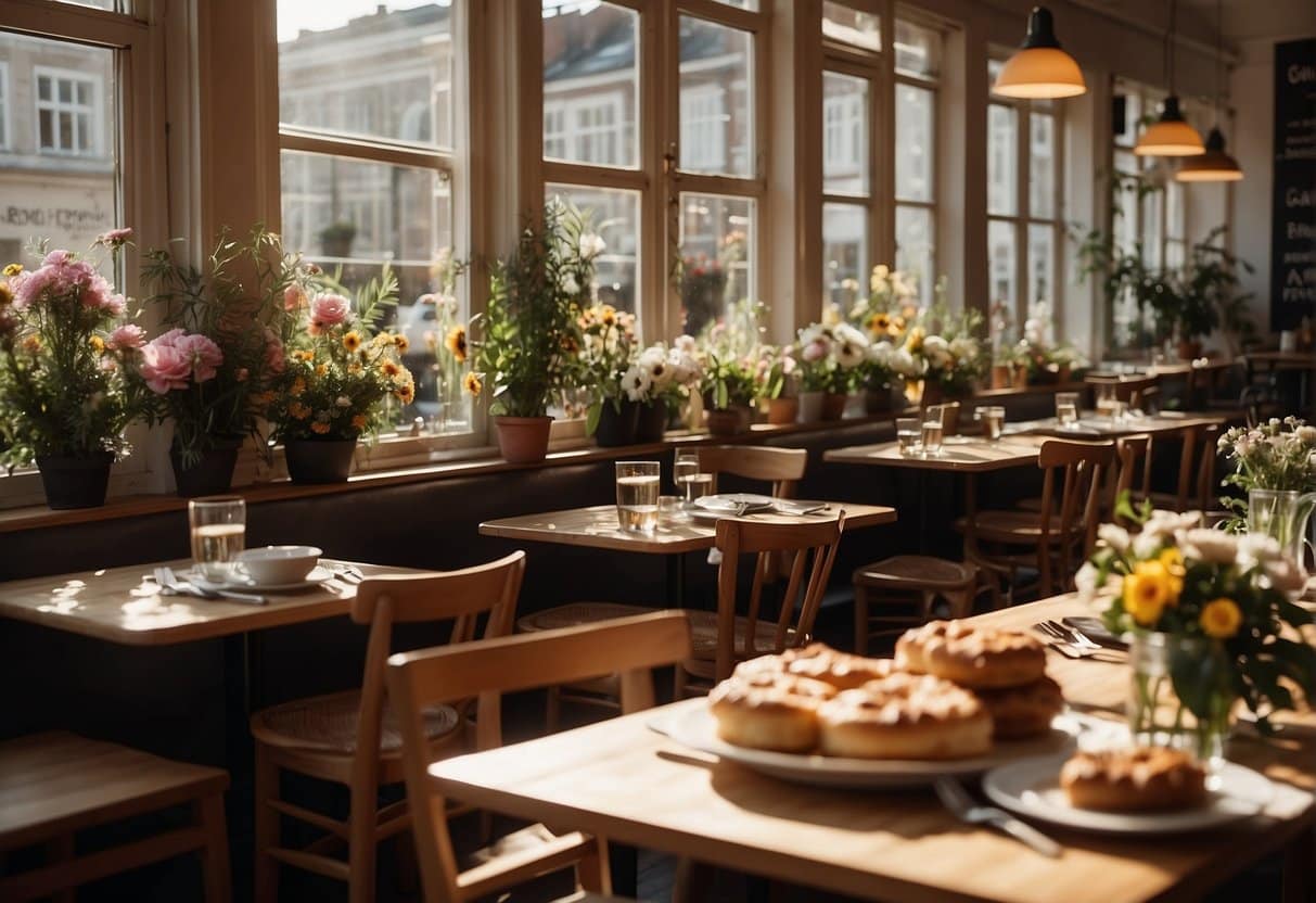 A cozy cafe in Copenhagen with tables set for breakfast and brunch, adorned with fresh flowers and pastries. Sunlight streams through the windows, casting a warm glow over the scene