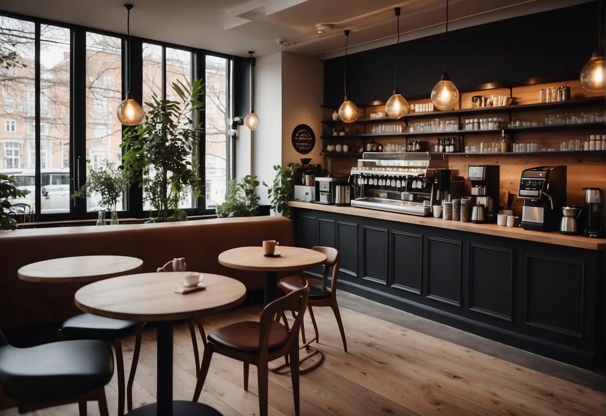 A modern and trendy coffee bar in Copenhagen with stylish decor, cozy seating, and a display of artisanal coffee beans and equipment