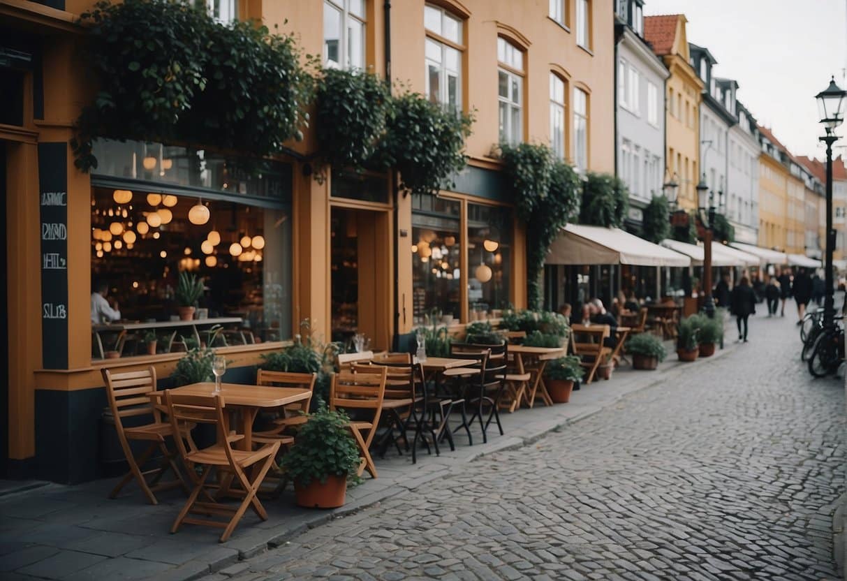 A bustling street in Copenhagen with charming cafes in various neighborhoods