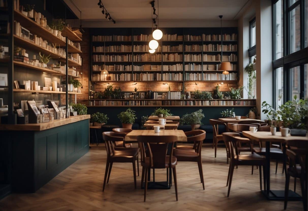 A cozy reading café in Copenhagen with shelves of books, comfortable seating, and soft lighting. People enjoy coffee and conversation in the warm, inviting atmosphere