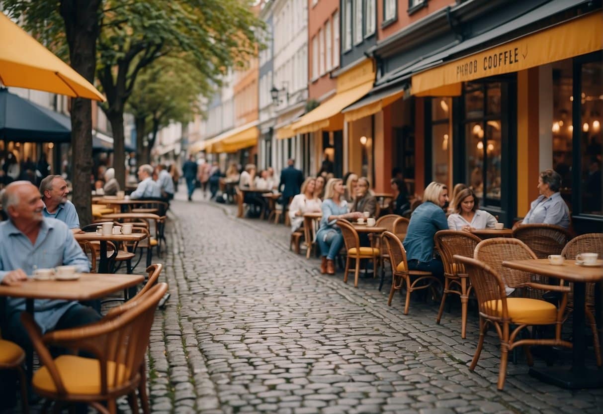 A bustling street in Copenhagen, with colorful and inviting cafes lining the cobblestone path. Outdoor seating, steaming cups of coffee, and locals enjoying the vibrant atmosphere