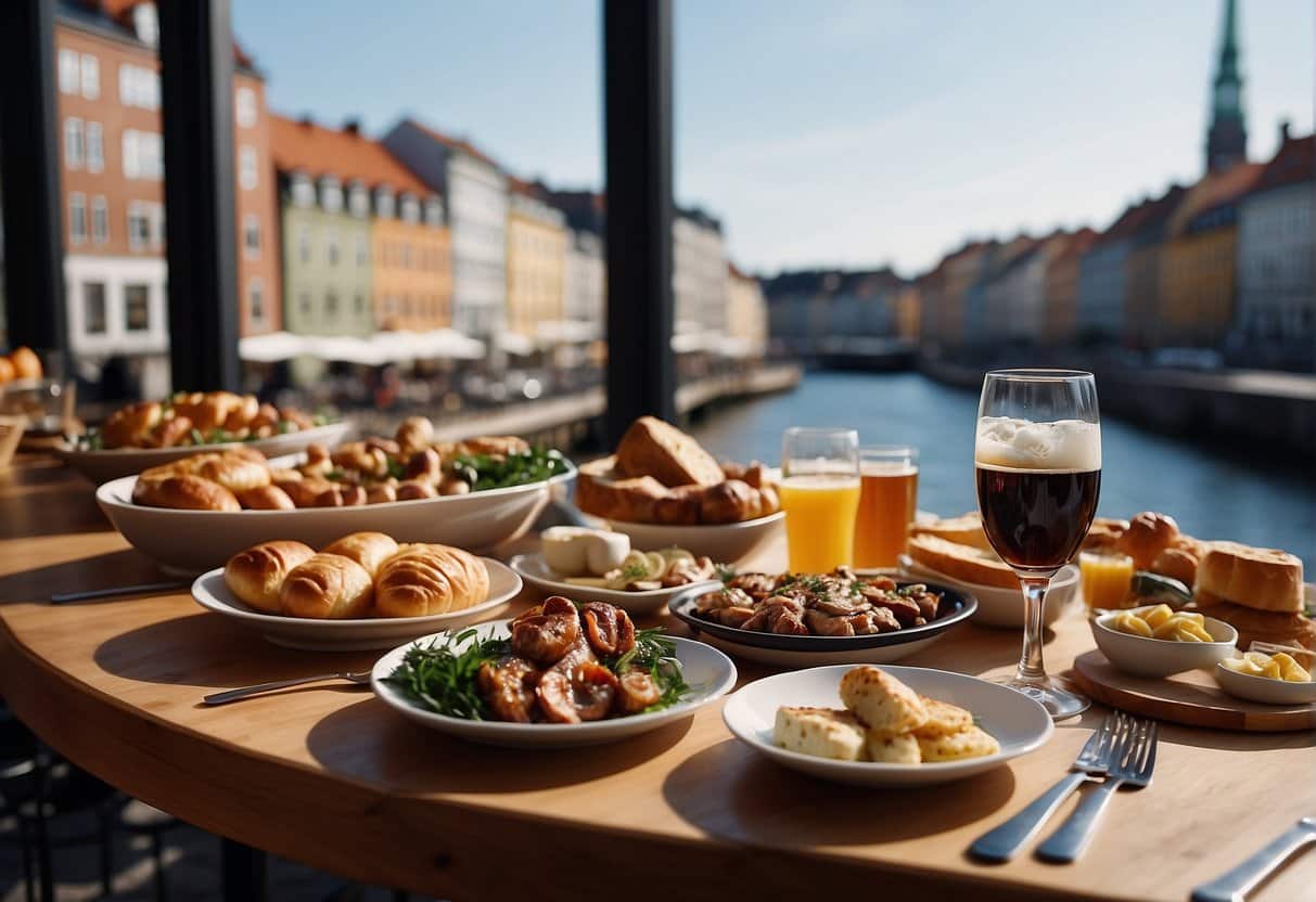 A festive Christmas lunch spread with traditional Danish dishes and drinks, set against a backdrop of Copenhagen's charming streets and historic buildings