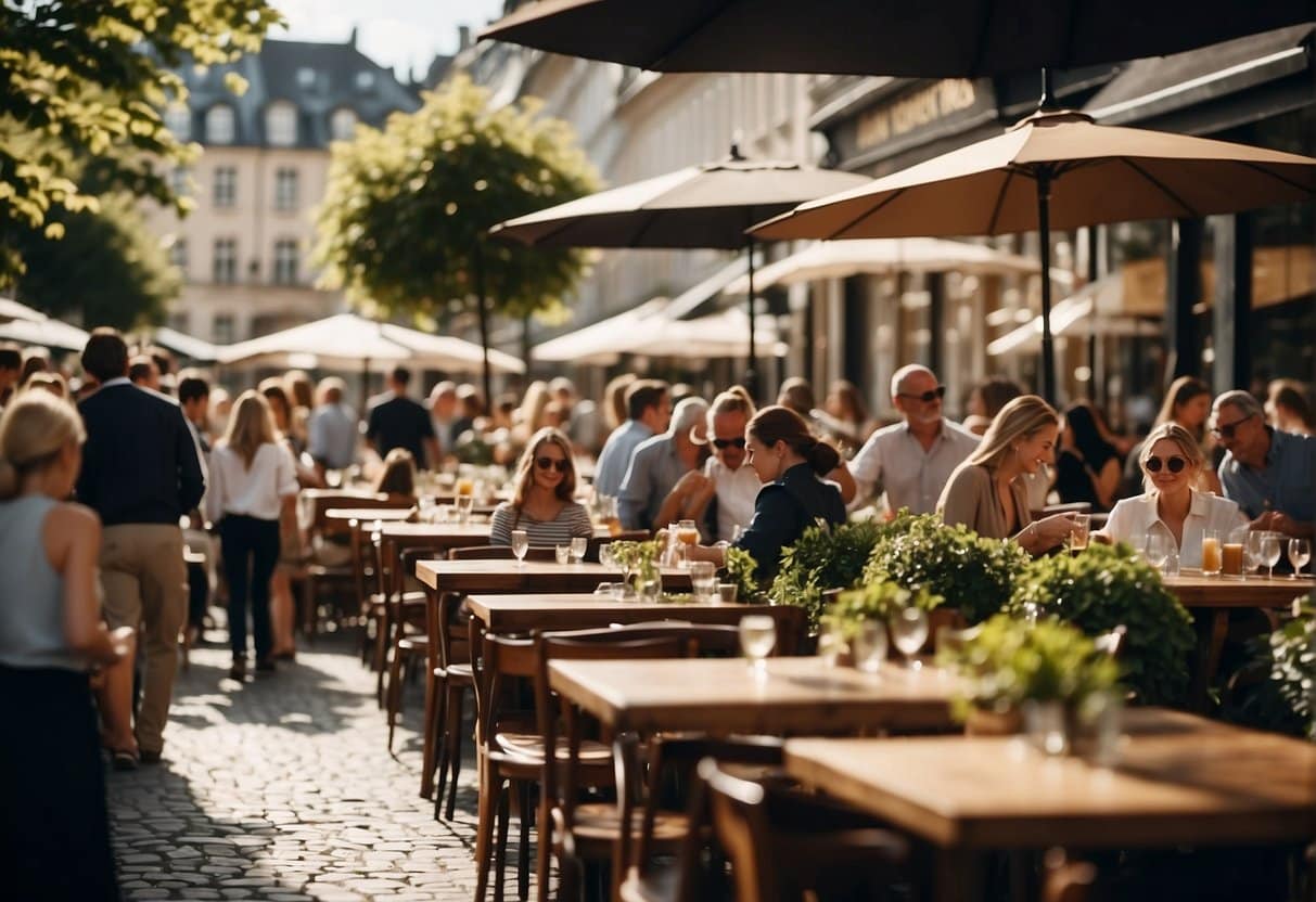 Folk sidder ved udendørs borde på en travl café på en solskinsdag. Paraplyer giver skygge, og grønt dekorerer området. I baggrunden ses flere spisende gæster og fodgængere med bygninger og træer langs gaden - en scene typisk for bedste frokostrestauranten i København.