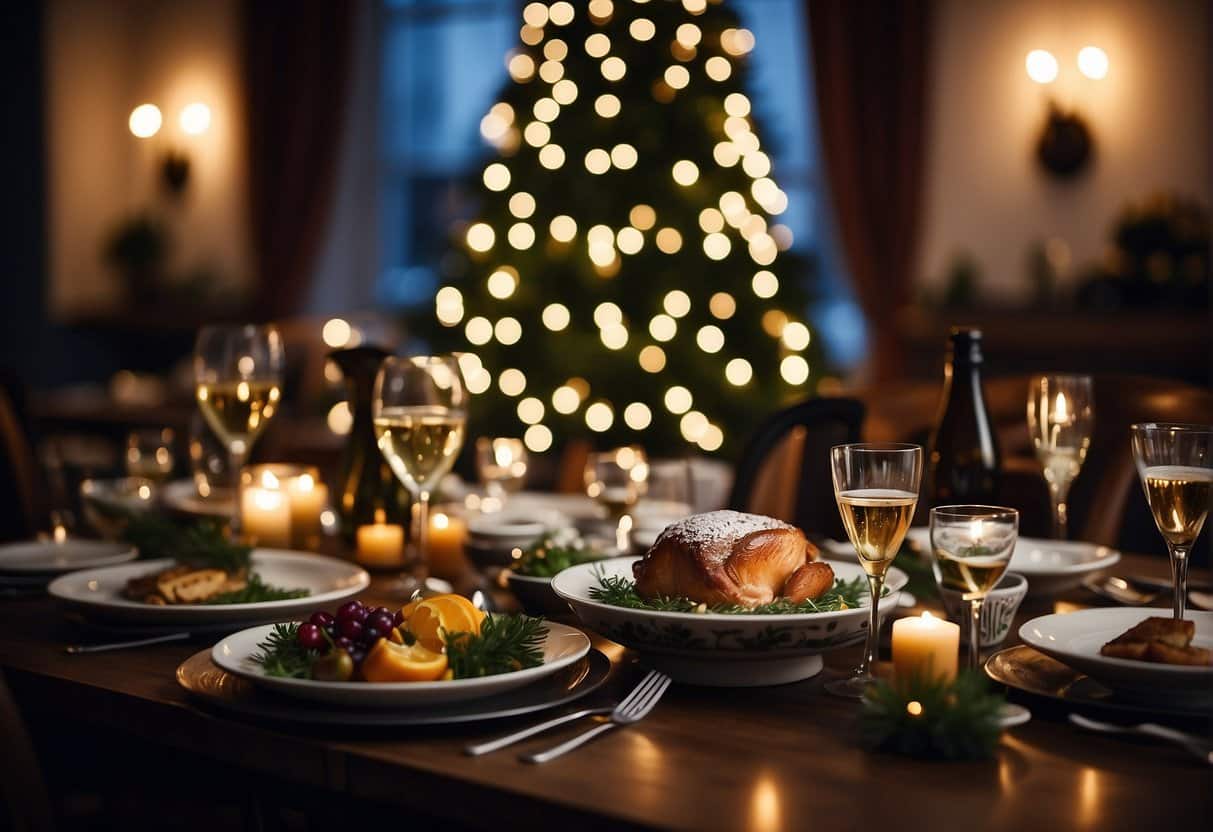 A festive Christmas dinner with traditional Danish dishes, set in a cozy restaurant in Copenhagen, with twinkling fairy lights and a beautifully decorated Christmas tree