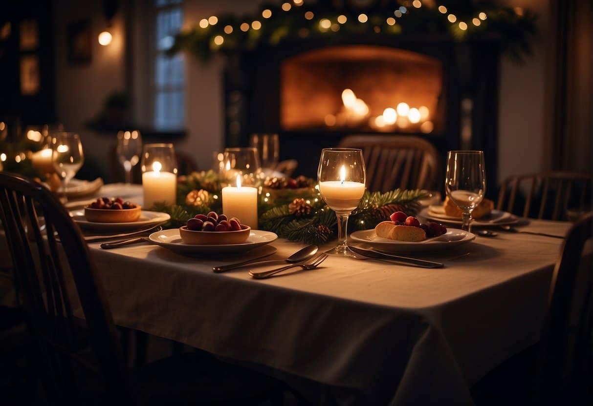 A festive table set with traditional Danish Christmas dishes in a cozy, candlelit restaurant in Copenhagen