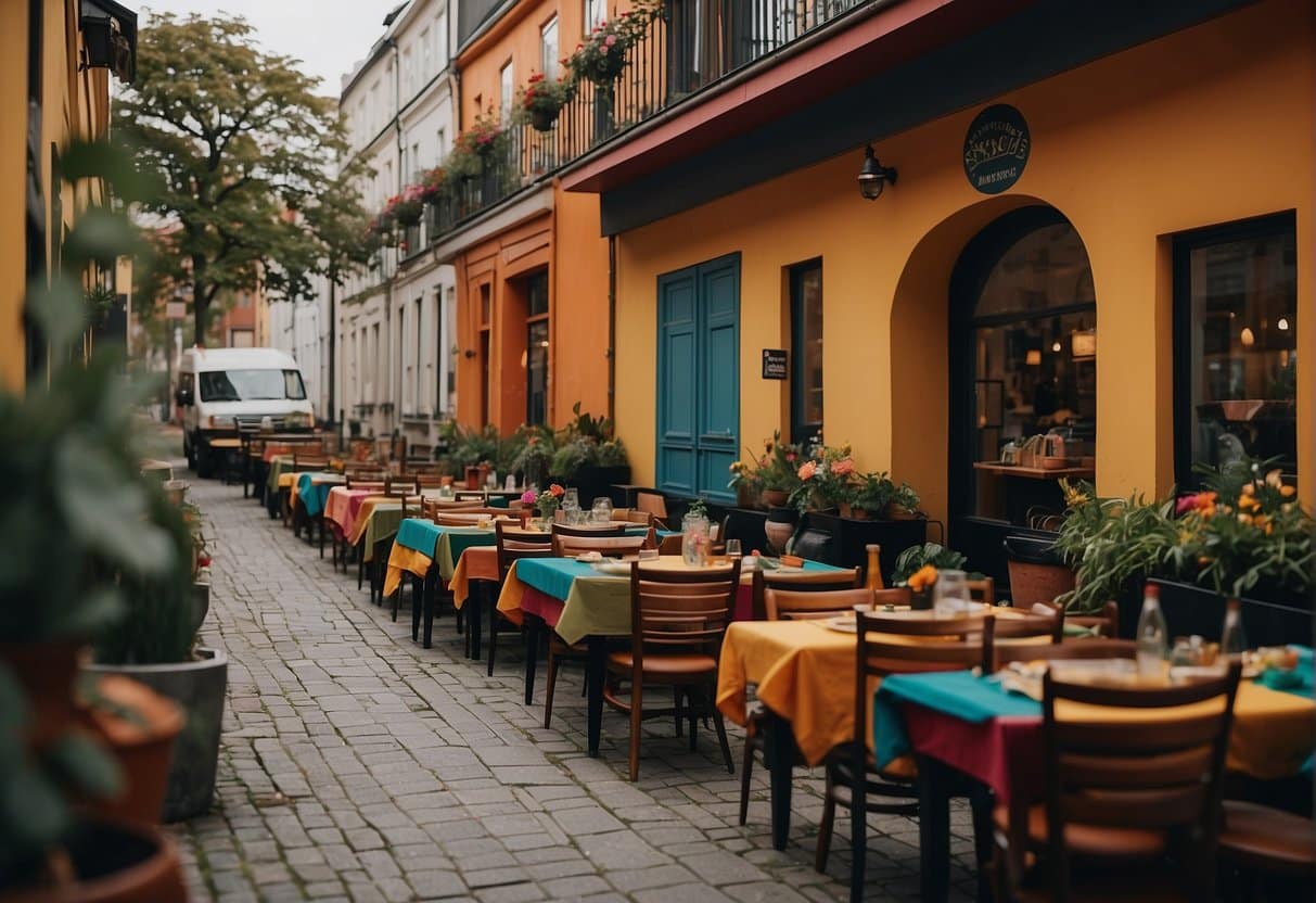 A colorful Mexican restaurant in Copenhagen with vibrant decor, traditional Mexican dishes on tables, and happy diners enjoying their meals