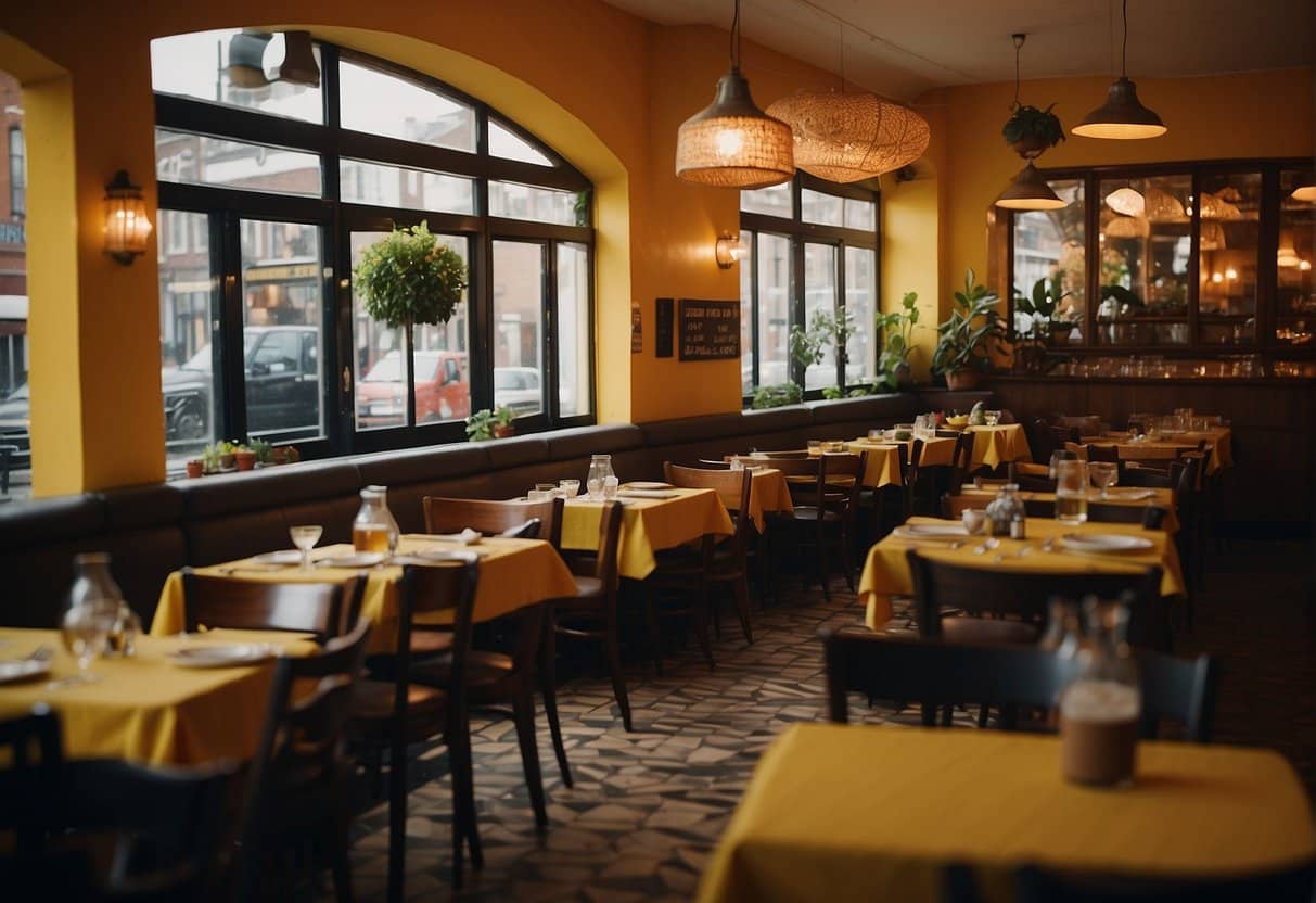 A bustling Mexican restaurant in Copenhagen, filled with colorful decor and lively chatter, as waiters serve up steaming plates of authentic cuisine