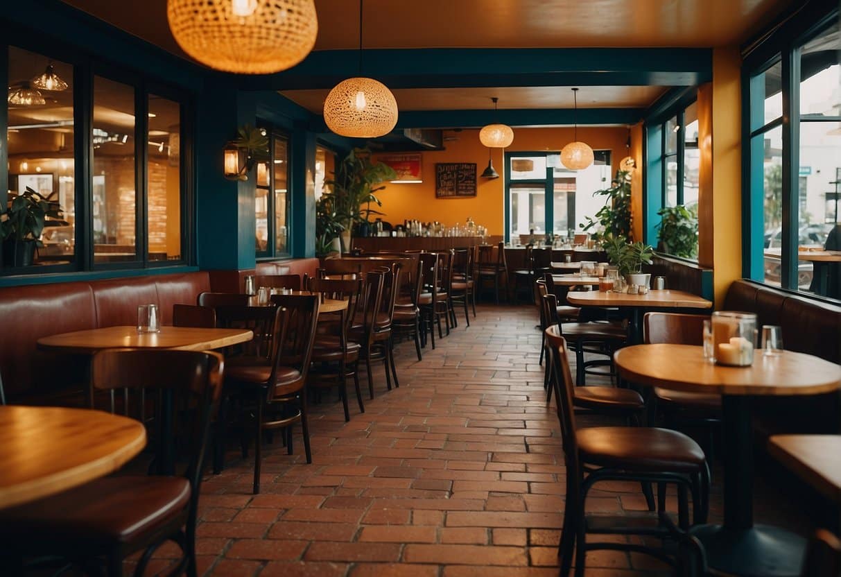 A bustling Mexican restaurant in Copenhagen, 2024, with vibrant decor, sizzling fajitas, and margaritas on every table