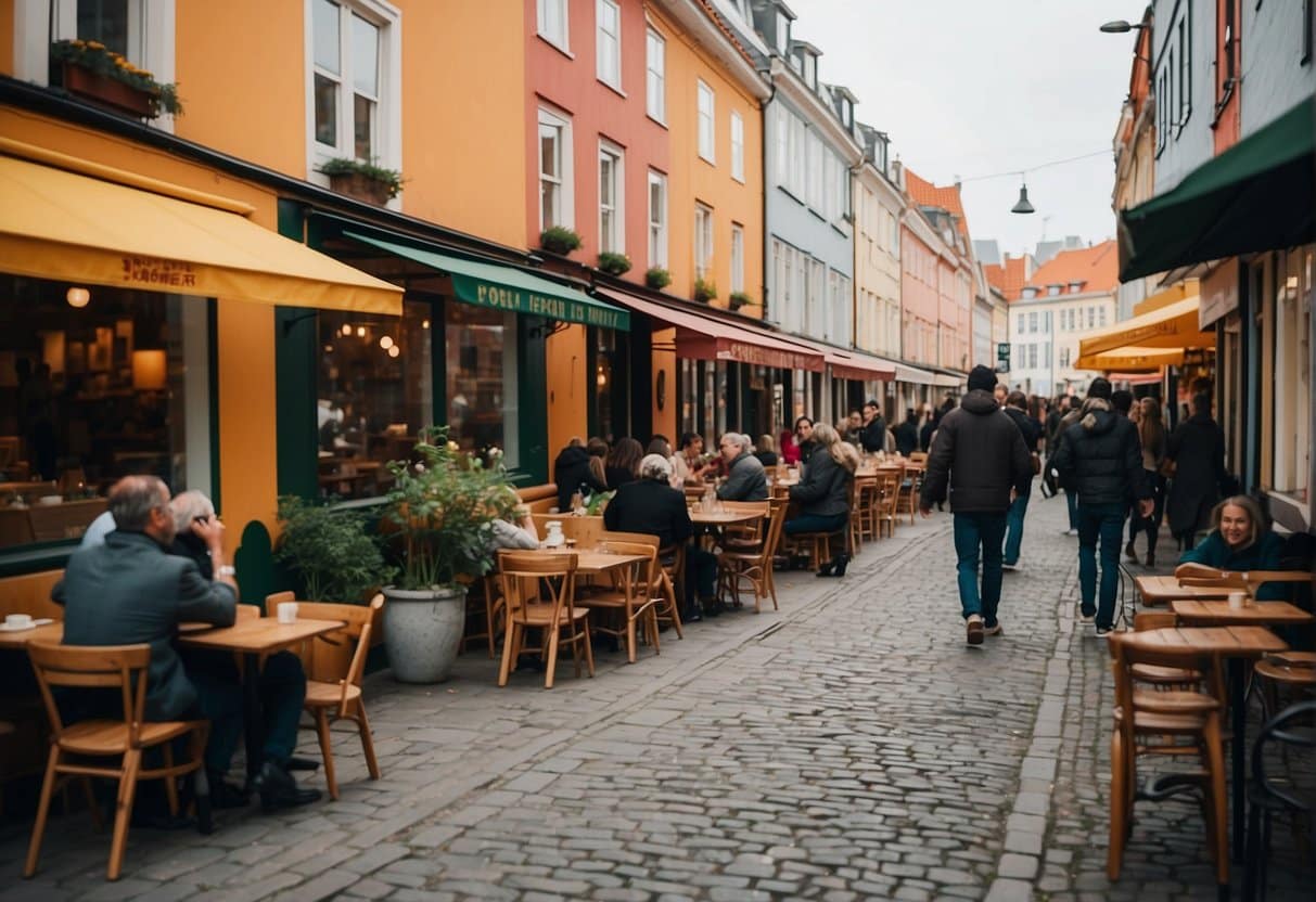 A bustling street in Copenhagen, with colorful Mexican restaurants lining the sidewalks. The aroma of sizzling meats and spices fills the air as people enjoy authentic Mexican cuisine