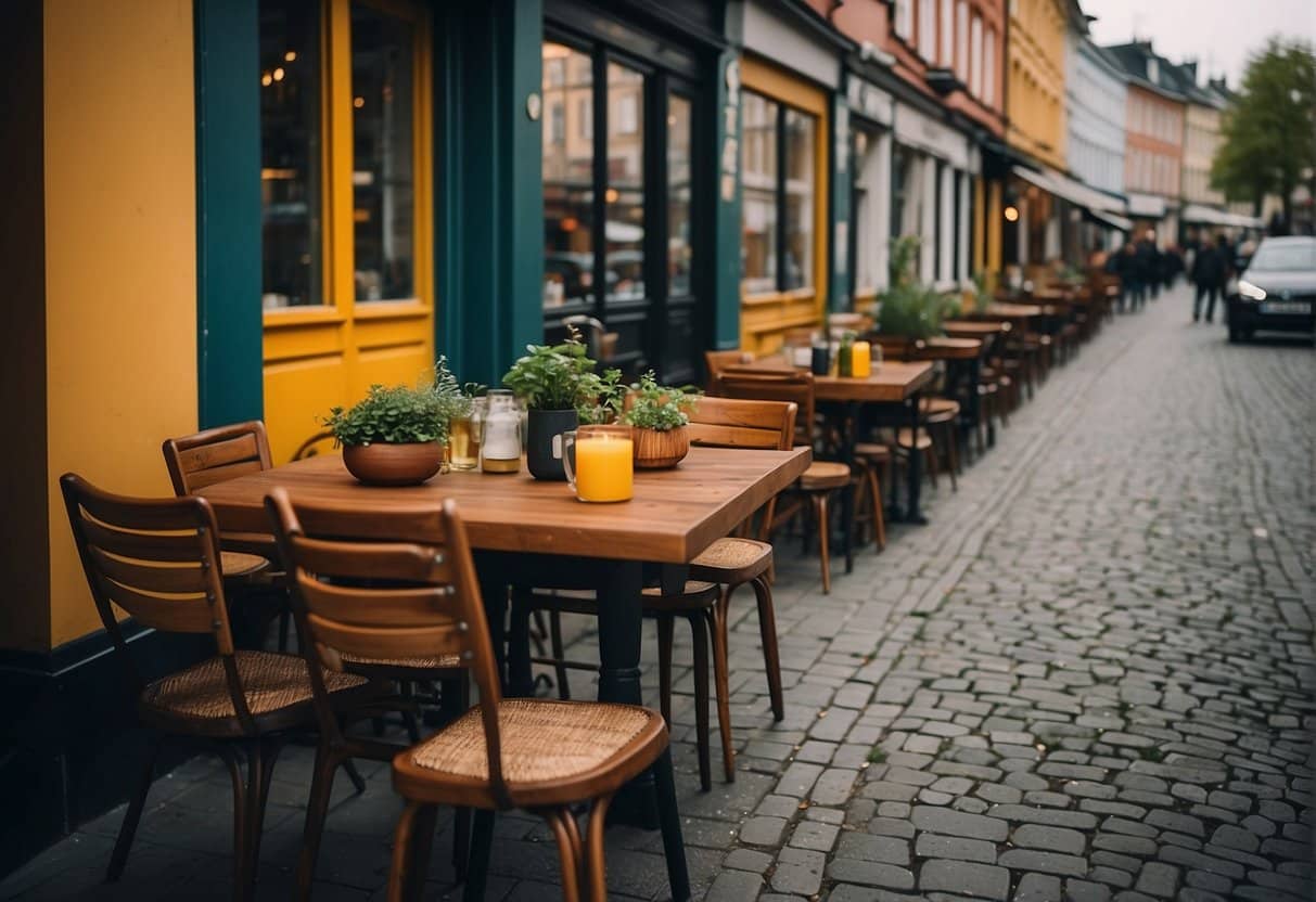 A bustling street in Copenhagen, lined with colorful Mexican restaurants. Vibrant signs and enticing aromas fill the air, drawing in hungry passersby