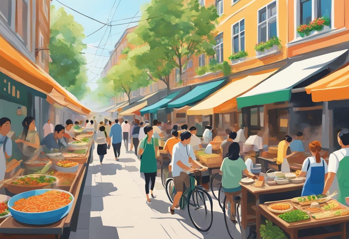 A bustling street in Copenhagen, 2024. Colorful Vietnamese restaurants line the cobblestone road, with steaming bowls of pho and sizzling banh mi filling the air with delicious aromas