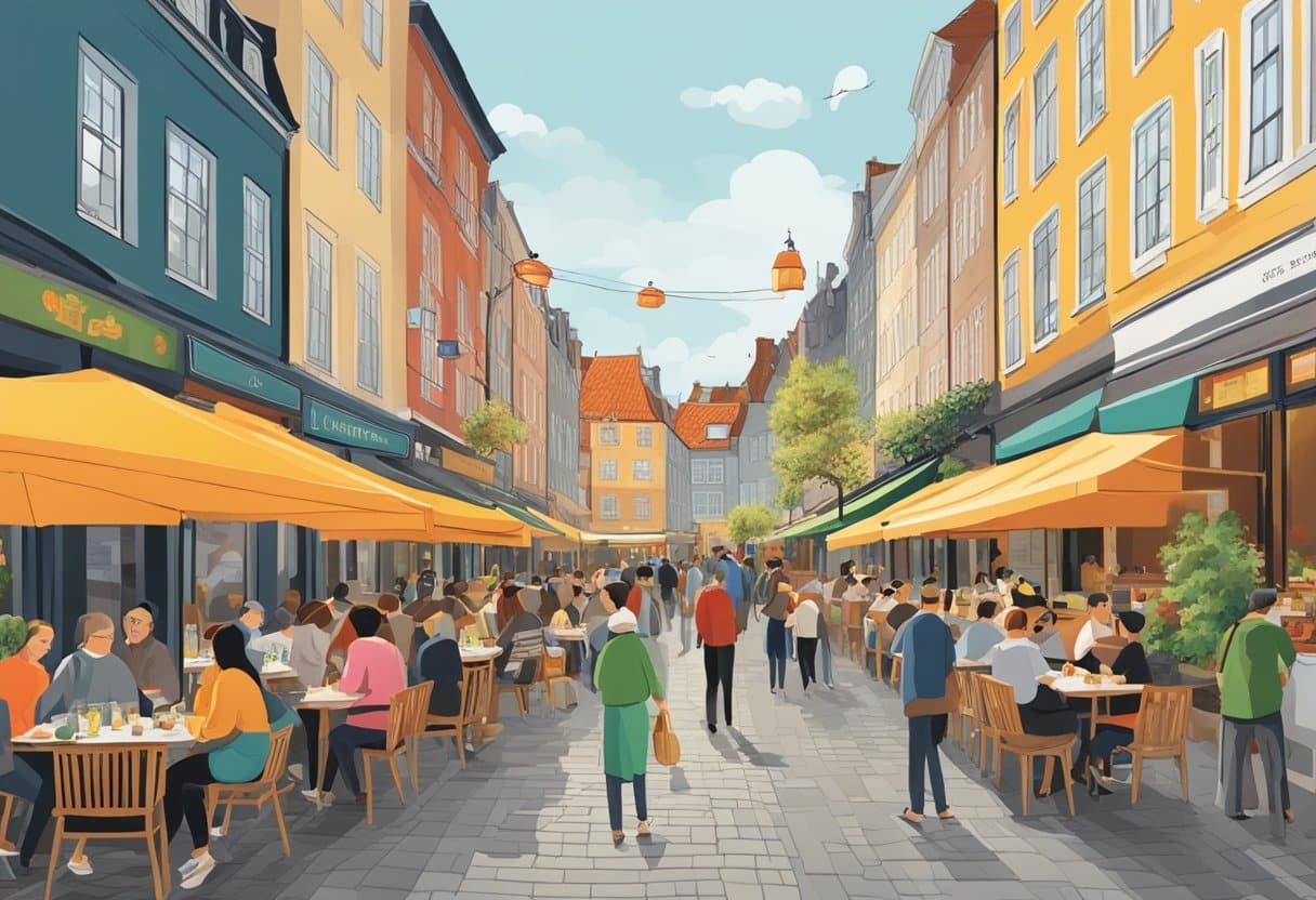 A bustling street in Copenhagen, adorned with colorful Vietnamese restaurants, filled with diners enjoying authentic cuisine