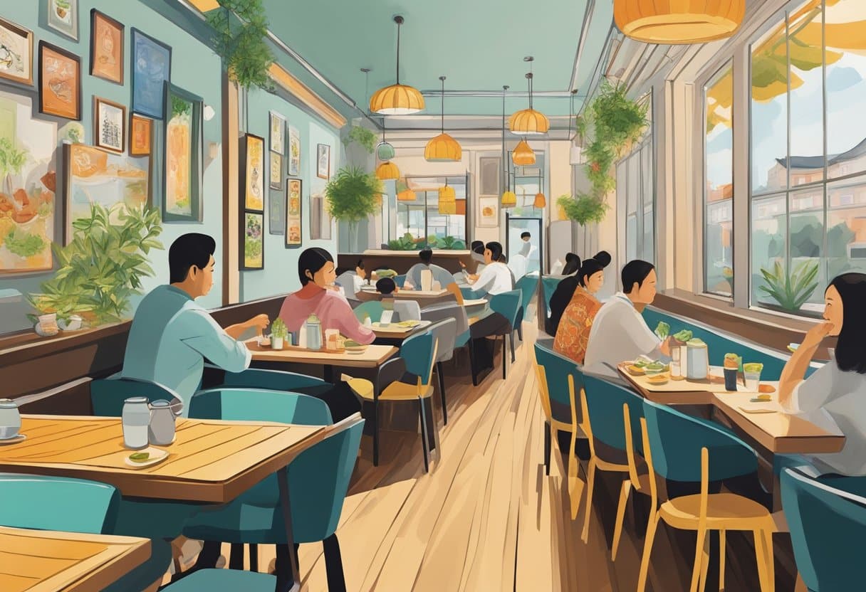 A bustling Vietnamese restaurant in Copenhagen, with colorful decor and steaming bowls of pho on every table. The aroma of fresh herbs and sizzling meats fills the air as diners enjoy their flavorful dishes