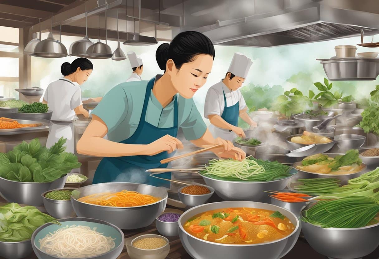 A bustling Vietnamese kitchen with chefs preparing traditional dishes amidst the aromatic mix of herbs and spices