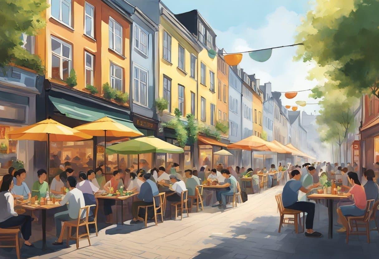 A bustling street lined with colorful Vietnamese restaurants in Copenhagen, 2024. Aromatic steam rises from sizzling woks as patrons enjoy traditional dishes at outdoor tables