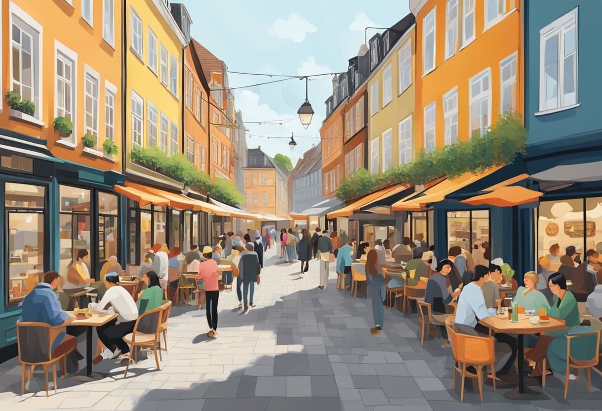 A bustling street in Copenhagen with colorful signage and outdoor seating at Vietnamese restaurants. Busy patrons and delicious aromas fill the air