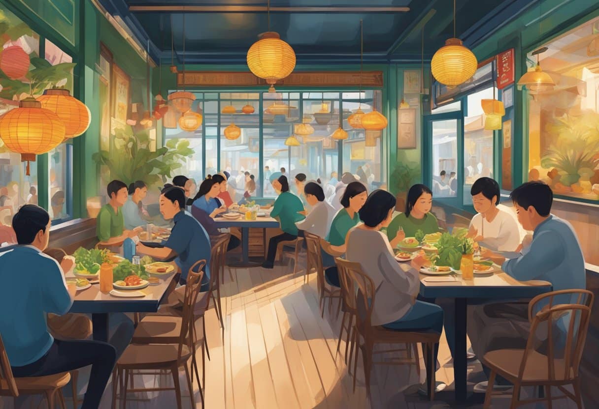 A bustling Vietnamese restaurant in Copenhagen, 2024, with colorful decor, steaming bowls of pho, and diners enjoying their meals