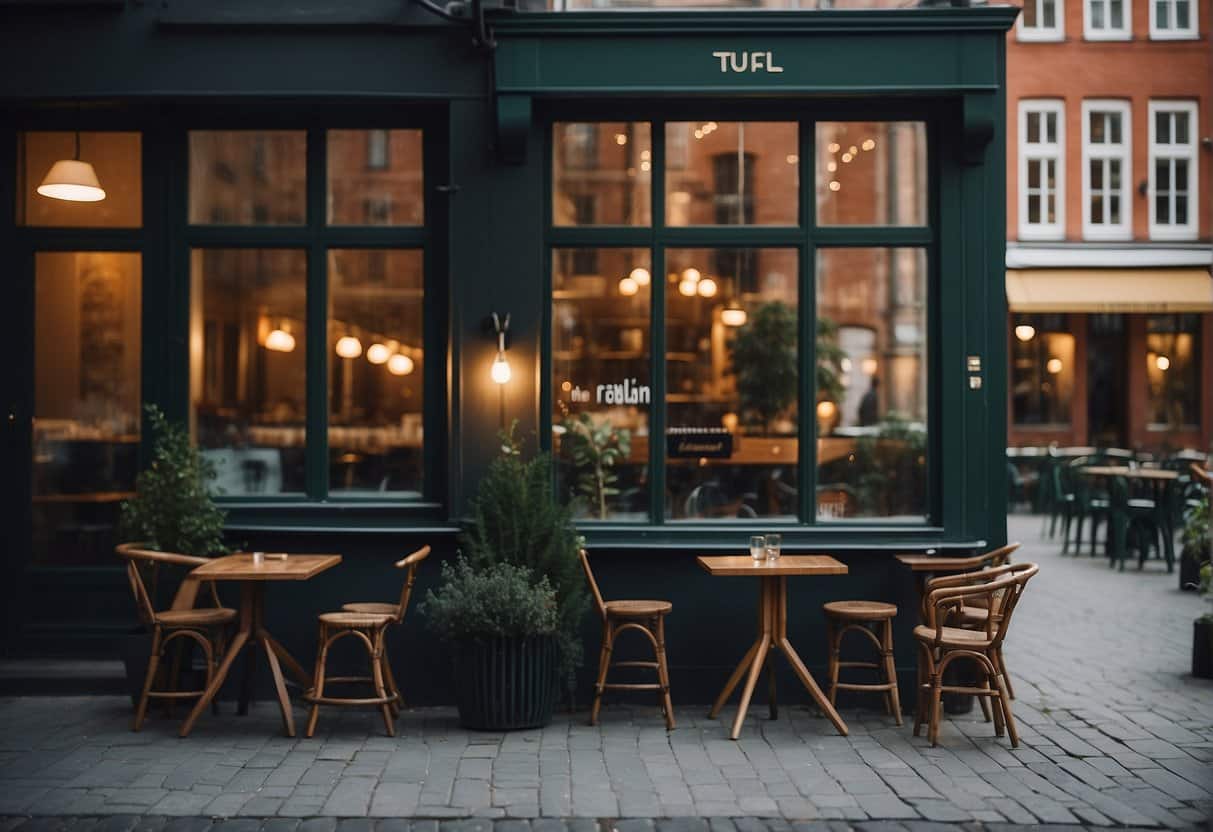 A cozy water pipe café in Copenhagen, with sustainable and high-quality materials, warm lighting, and a relaxed atmosphere