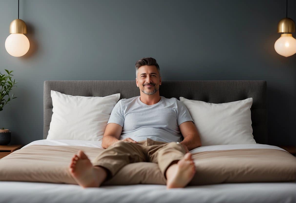 A person lying in a comfortable bed, head slightly elevated, with supportive pillows, and a relaxed posture