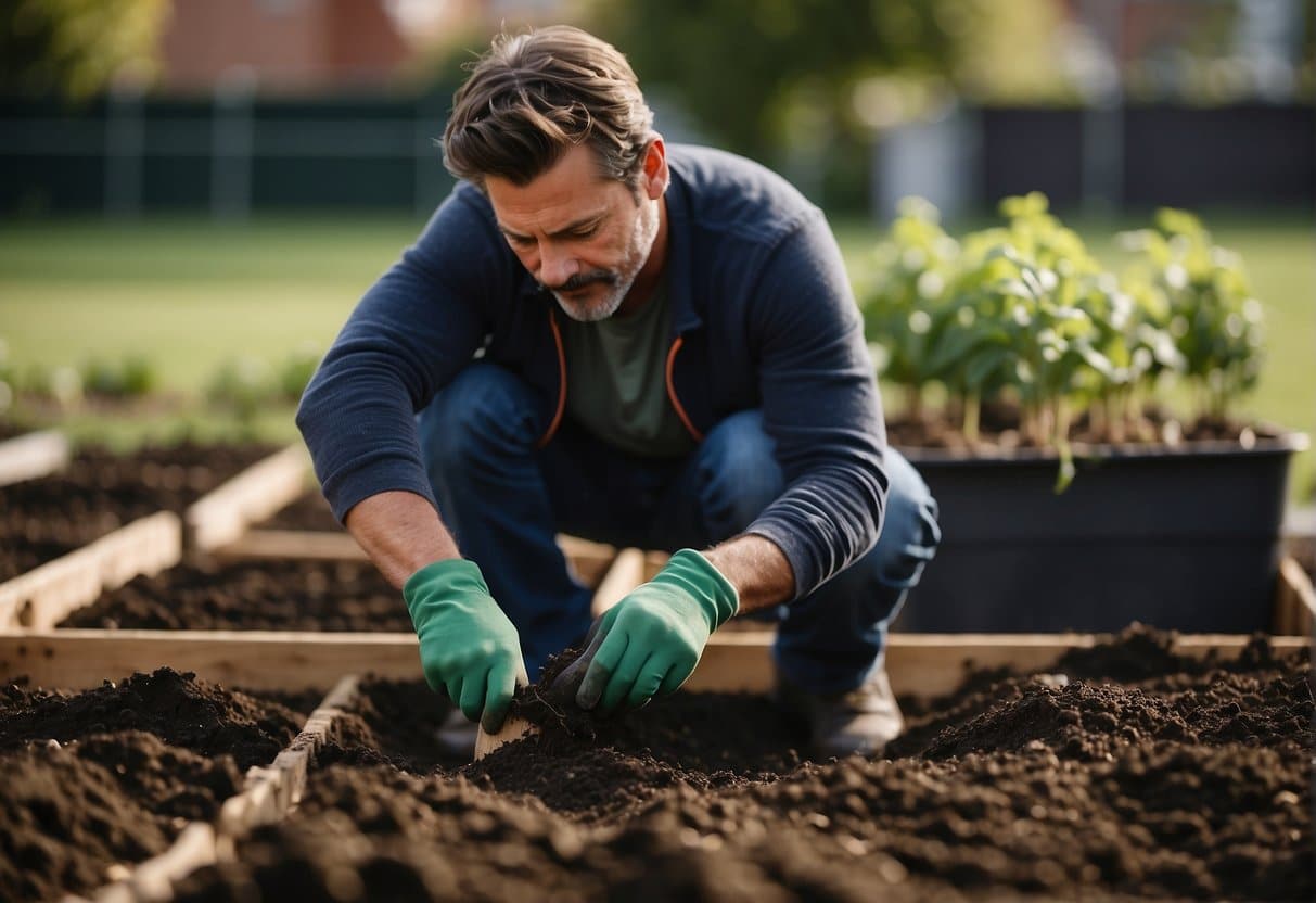 A gardener prepares soil for planting bulbs in a well-organized garden bed