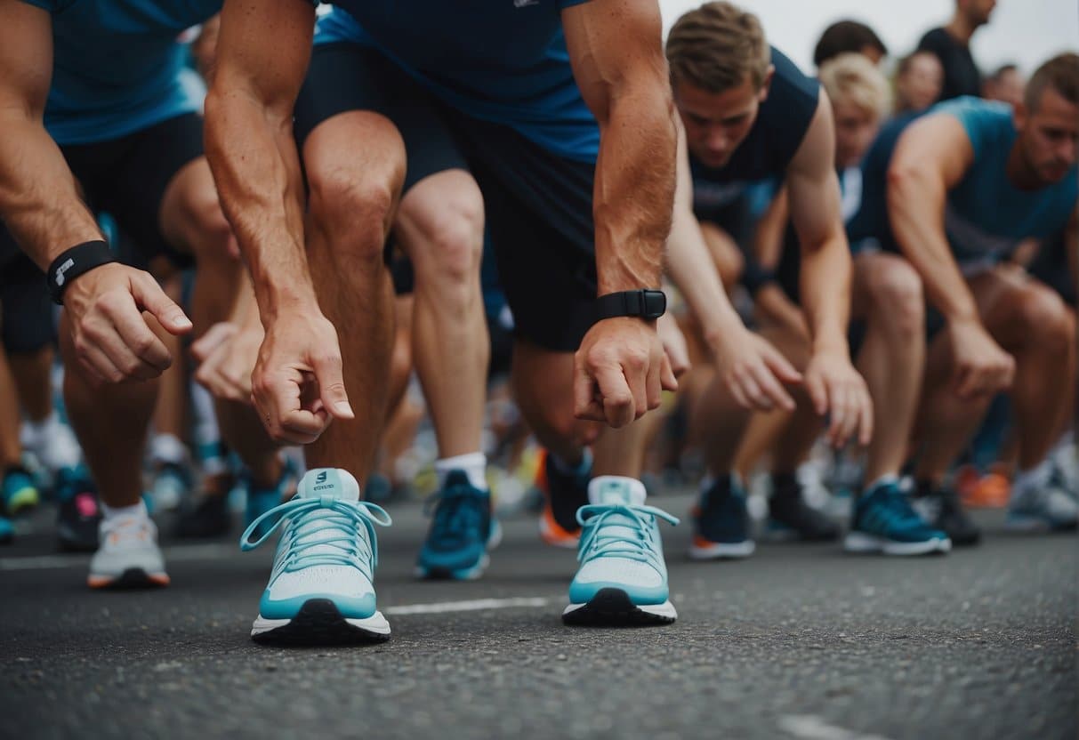 Runners stretching, warming up, and lacing up shoes at the start line of a Best Running Race in Denmark