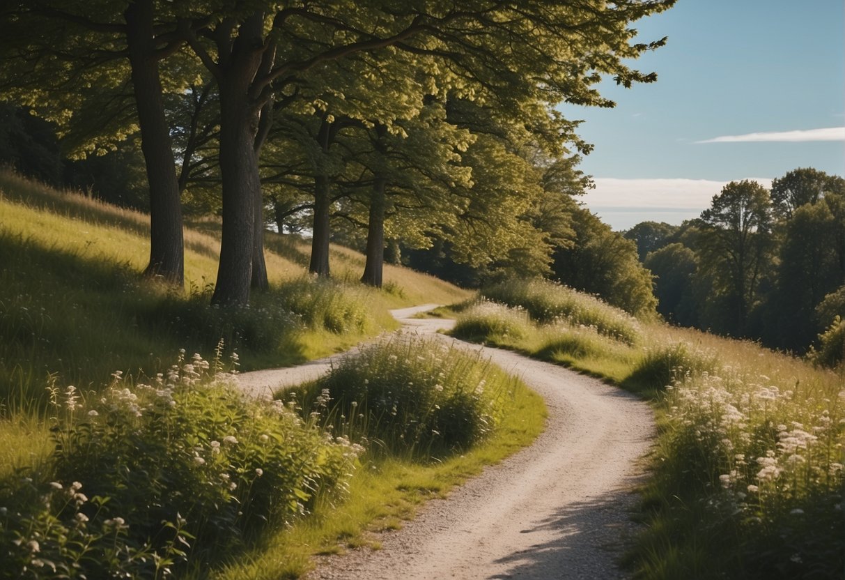 A scenic running trail in Denmark with lush greenery, winding paths, and clear blue skies