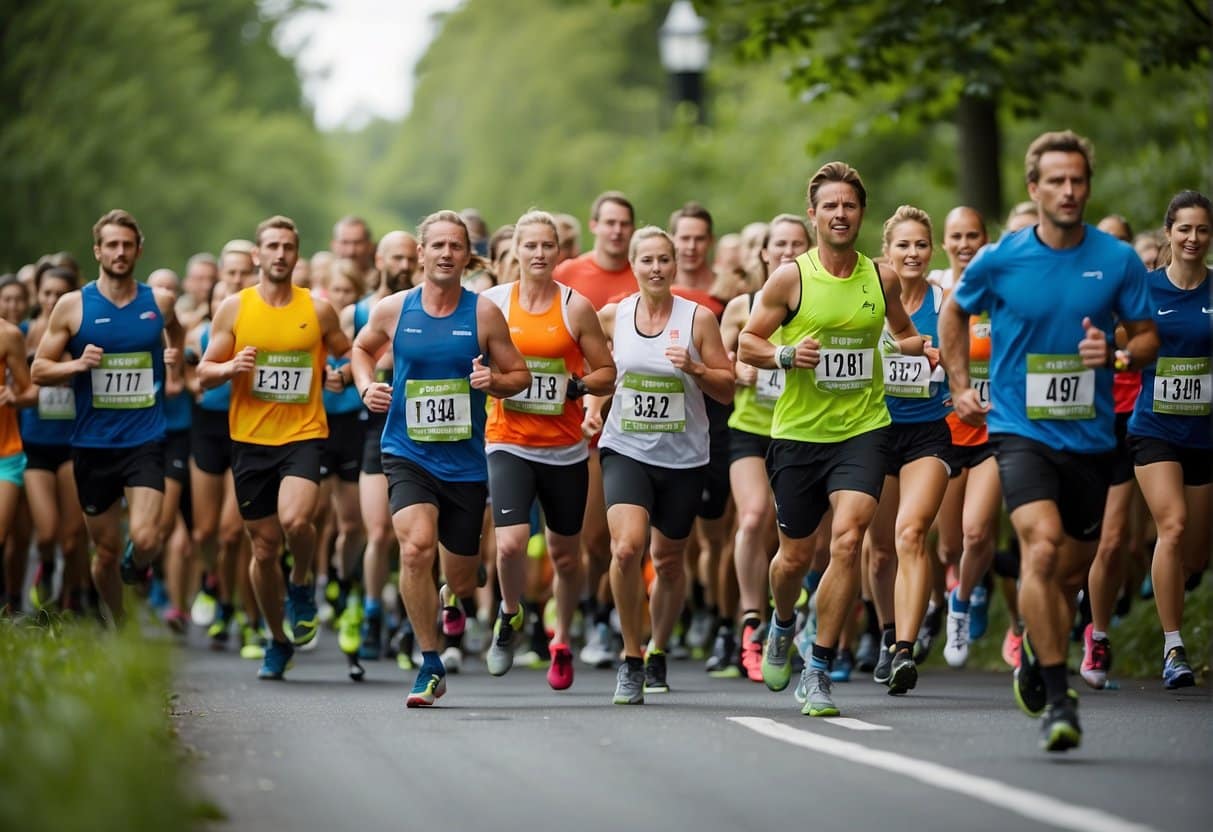 A group of runners participating in a scenic Danish marathon, surrounded by lush greenery and cheering spectators