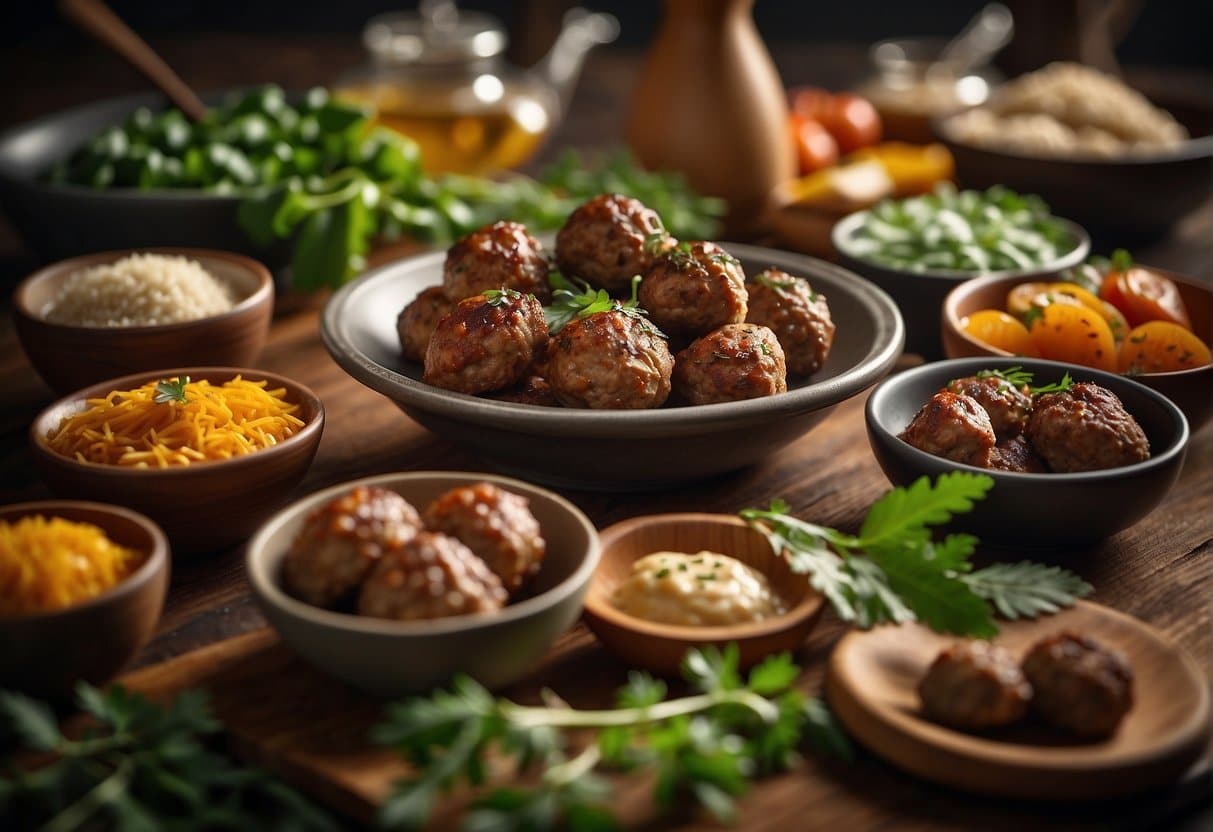 A table with a variety of spices and herbs next to a plate of delicious meatballs from "Best Buy-Frikadeller."