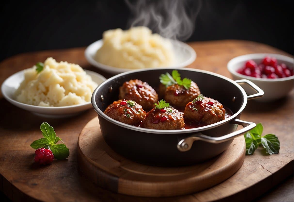 A sizzling pan of golden-brown meatballs, steam rising, with a side of mashed potatoes and lingonberry sauce on a white plate