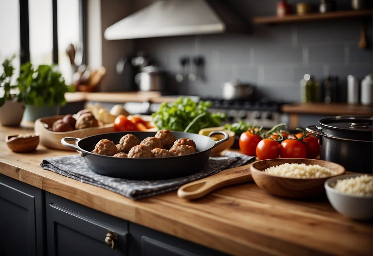 A kitchen counter with various cooking utensils and ingredients for making meatballs