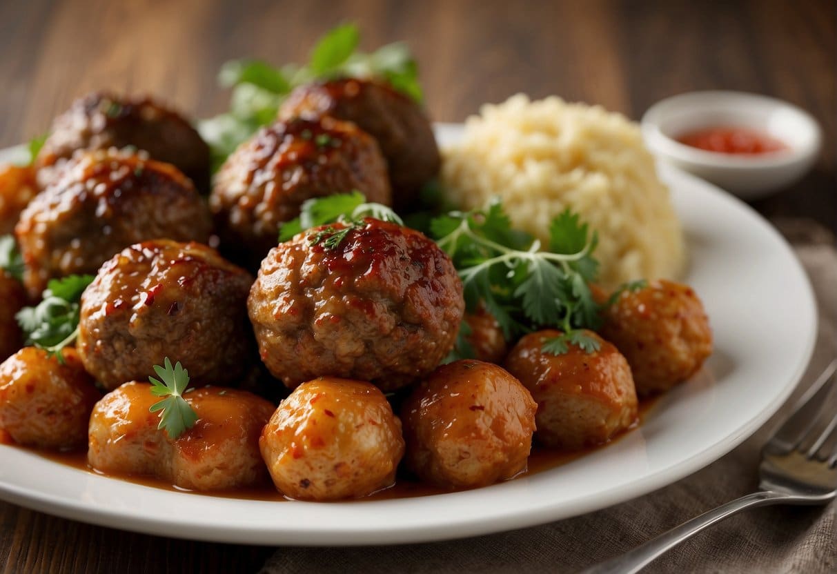 A plate with five different types of store-bought meatballs arranged in a row, with a fork beside them