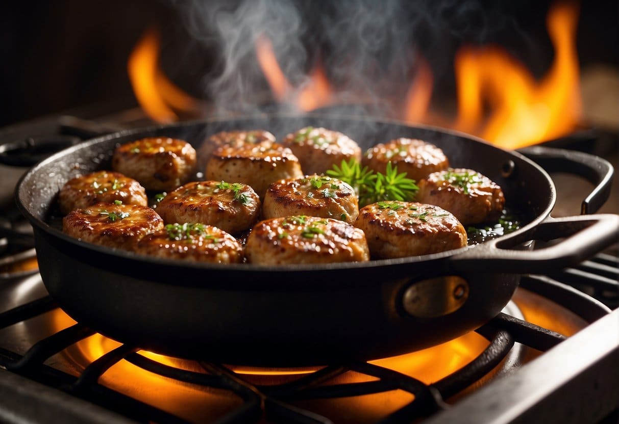 A sizzling skillet of "Specialvarianter Bedste Købe-Frikadeller" frying in golden oil, emitting a mouthwatering aroma