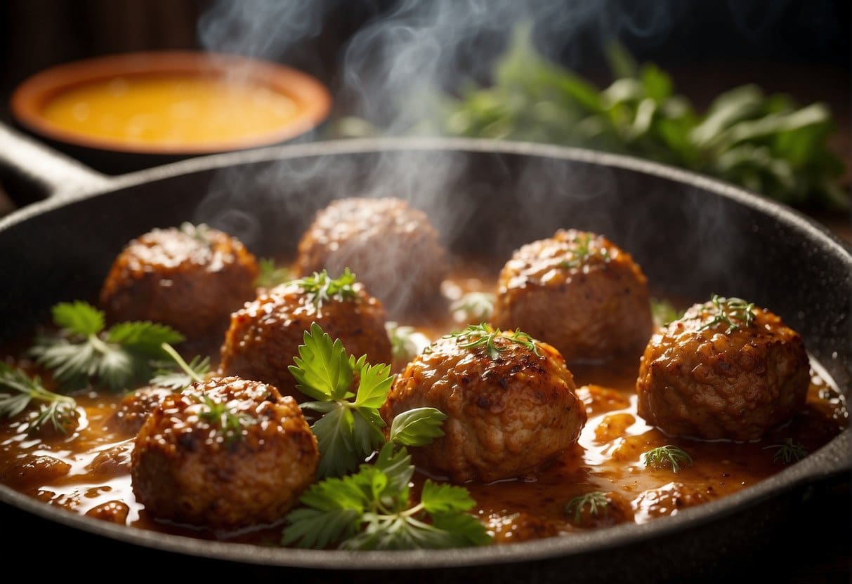 A sizzling pan of golden-brown meatballs, steam rising, surrounded by fresh herbs and spices