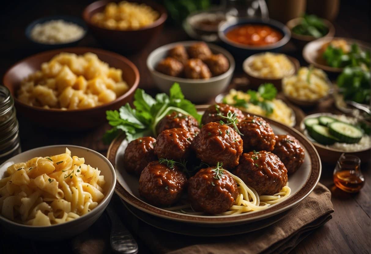 A table set with a variety of side dishes and the best store-bought meatballs