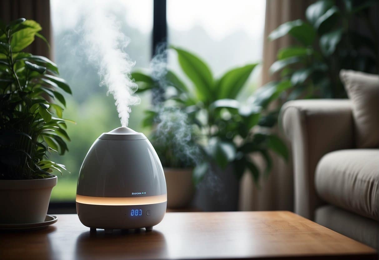 A cozy living room with a humidifier emitting a gentle mist, plants thriving in the balanced humidity, and a comfortable atmosphere