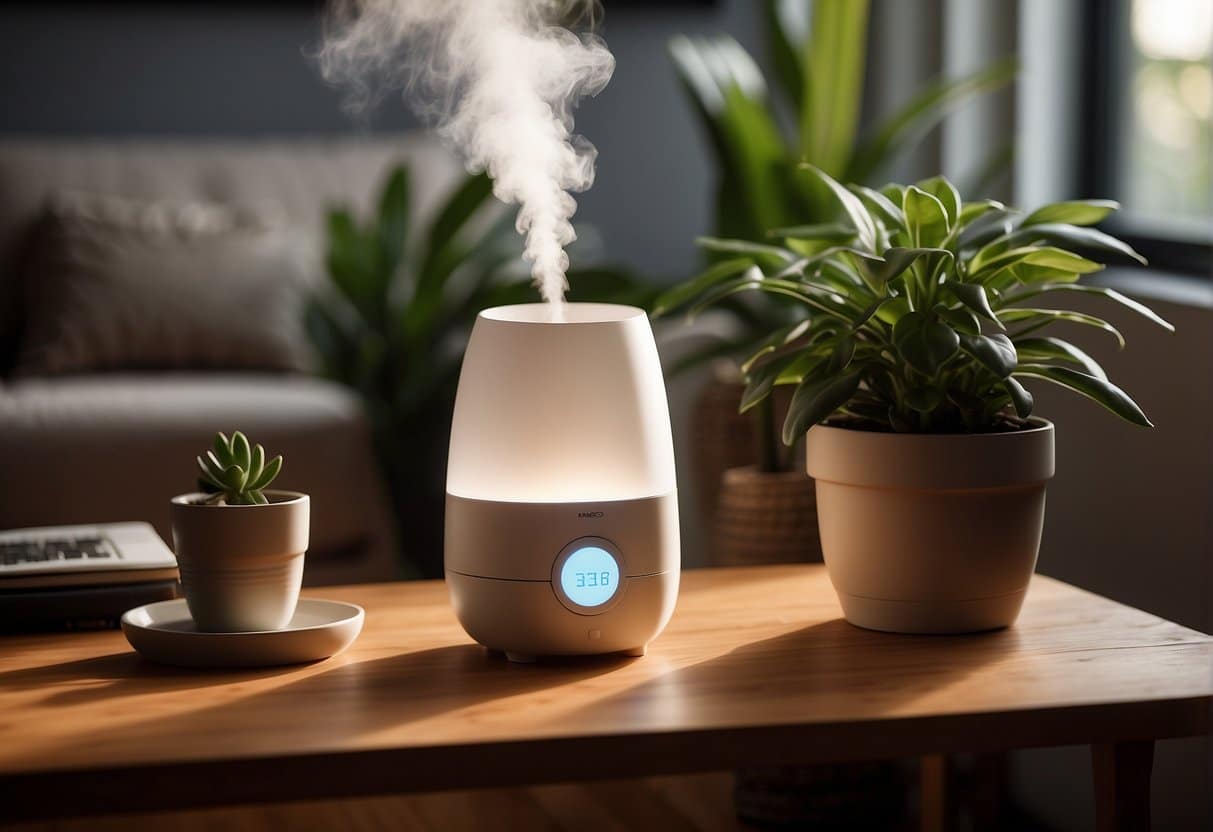 A humidifier sits on a wooden table in a cozy living room, surrounded by potted plants. The soft glow of a table lamp illuminates the room, creating a warm and inviting atmosphere