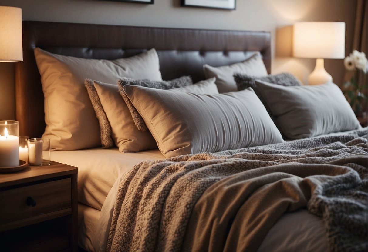 A peaceful scene of a well-made bed with fluffy pillows and a cozy blanket, bathed in soft, warm light